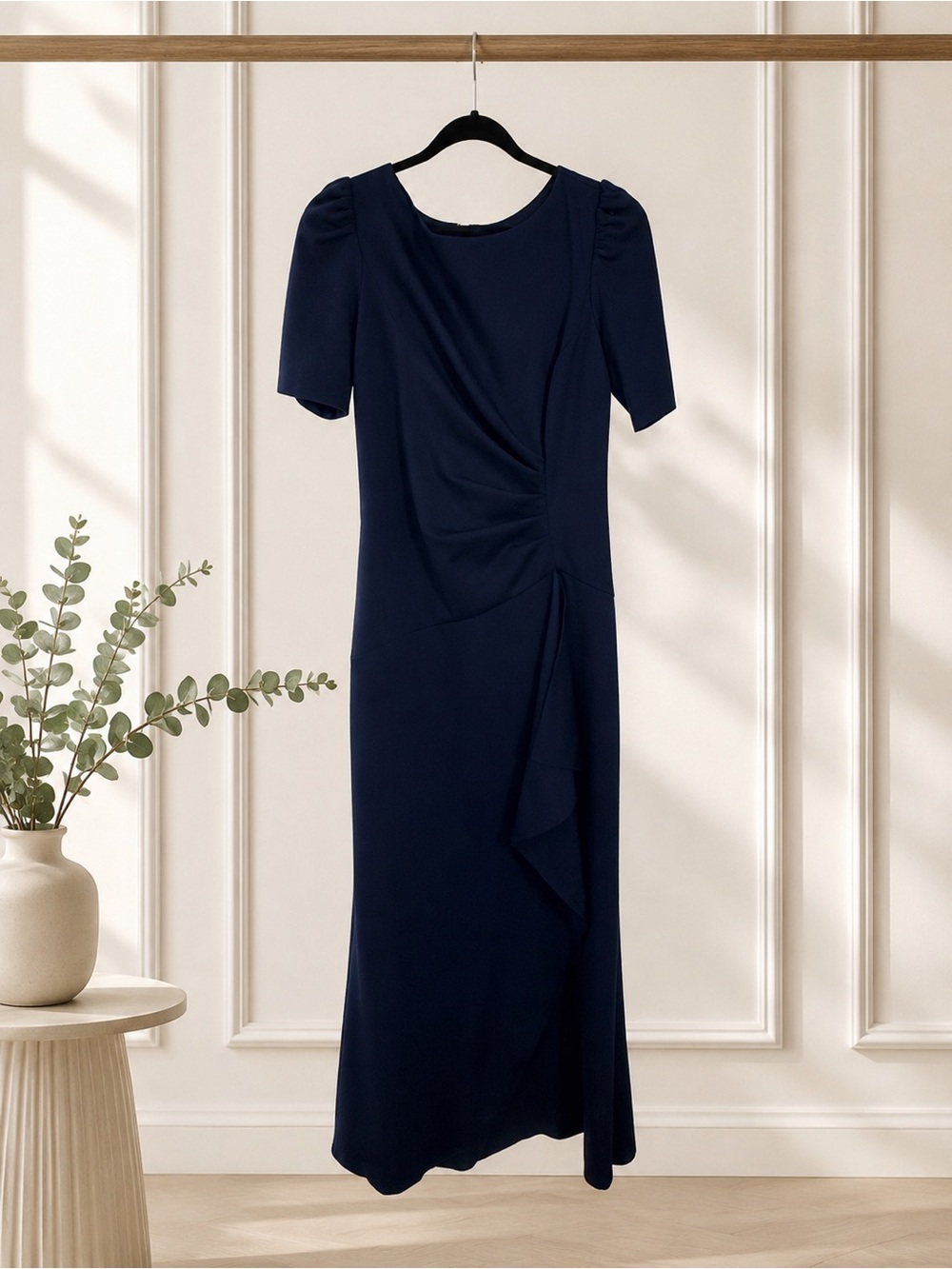 Elegant Navy Midi Dress with Draped Front and Puff Sleeves